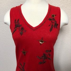 Beaded/Embroidered Red Sleeveless Sweater Top